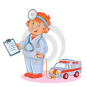 Set vector icons of small child doctor and his toy ambulance