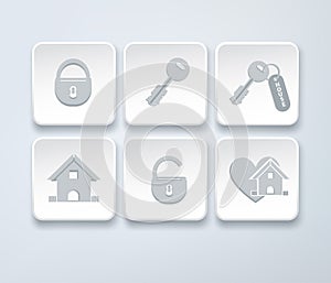 Set of vector icons with small house, key, open, closed lock