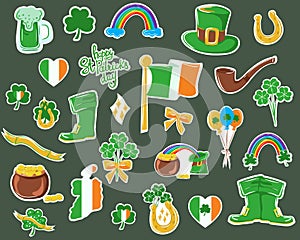 Set of vector icons and stickers for St. Patrick`s Day. Symbols of the holiday three leaf clover, coin pot, rainbow, horseshoe,