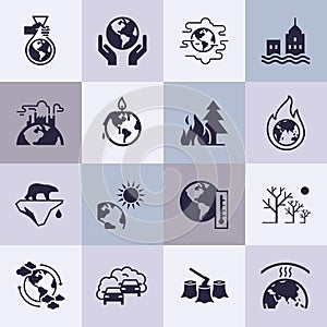 Set of vector icons on the theme of ecology, global warming and ecology problems of our planet as a whole.