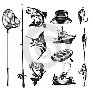 Set vector icons on the theme of fishing