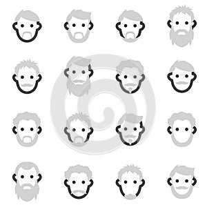 Set of vector icons on the theme of man s beard in a different style, barber, barber shop shaving in the cabin