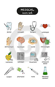 Set of vector icons on the theme of medicine. Specialties of doctors