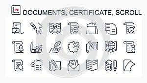 A set of vector icons from a thin line. Documents, certificate, scrolls.
