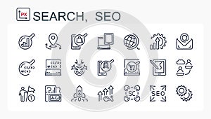 A set of vector icons from a thin line. seo, analytics, statistics, data, business. Search engines.