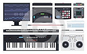 Set vector icons tools for create music in flat design. Workplace of musician. View from above.