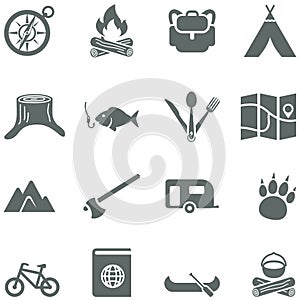 Set of vector icons for tourism, travel and campin