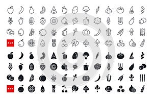Set of vector icons. Vegetables, fruits and berries. Black isolated silhouette. Fill solid icon, glyph. Contour, shape