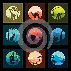 set vector illustrasi siluet hewan di kebun dengan detailing dan berwarna