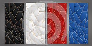 Set of vector illustration of abstract backgrounds with gold lines and black, white, red and blue colored geometric shapes