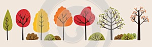 Set of vector illustration of autumn trees and bushes. Bundle of colorful trees with orange, green and red leaves