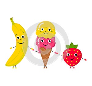 Set of Vector illustration of cartoon funny ice creams and banana