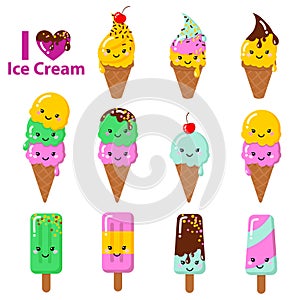 Set of Vector illustration of cartoon funny ice creams with happy smiling faces