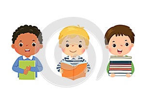 Set of vector illustration cartoon of little boys with books. Book lover concept