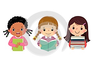 Set of vector illustration cartoon of little girls with books. Book lover concept