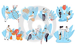 Set of vector illustration concept about human health, genetic research, heart and brain medical check up, cell