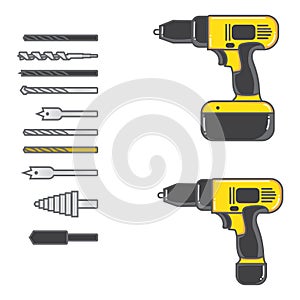 Set of vector illustration cordless drill