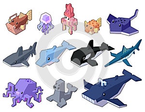 Set vector illustration of cute isometric aquatic animals in minimal style.