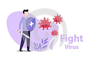 Set Vector illustration fight covid-19 corona virus. cure corona virus. Men fight virus concept. corona viruses vaccine concept.