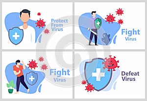 Set Vector illustration fight covid-19 corona virus. cure corona virus. people fight virus concept. corona viruses vaccine concept