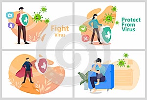 Set Vector illustration fight covid-19 corona virus. people fight and protect virus concept. corona viruses vaccine concept. end