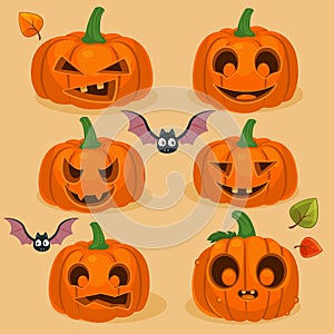 Set of vector illustration of Halloween pumpkins with bats and leafs