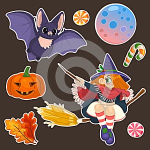 Set of vector illustration of Halloween pumpkins, leafs, bat, candies and lollipops on dark background