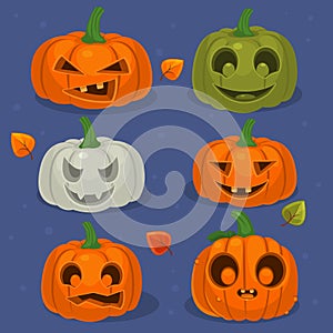 Set of vector illustration of Halloween pumpkins and leafs on blue background