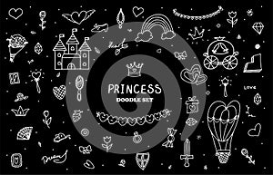 Set Vector Illustration Hand-Drawn Sketchy Fairy Tale Princess Tiara Crown Doodle Design Elements Set Vector