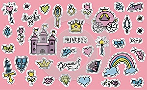 Set Vector Illustration Hand-Drawn Sketchy Fairy Tale Princess Tiara Crown Doodle Design Elements Set Vector