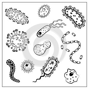 Set of Vector illustration with outlines of different bacteria, virus, cells, germs or epidemic bacillus
