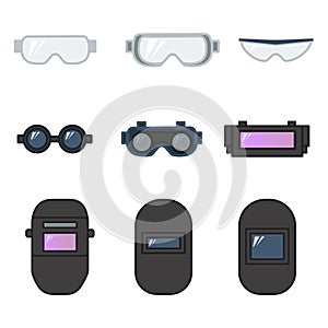 Set of vector illustration safety goggles and welding helmet