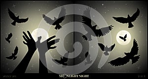 Set of vector illustration with silhouettes of hand gesture and flock of pigeons on moonlit night