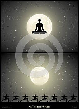 Set of vector illustration with silhouettes of people doing yoga on moonlit night