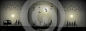 Set of vector illustration with silhouettes of people on road trip on moonlit night