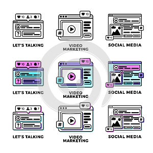 Set Vector illustration of a social media communication concept. social media with colorful cross-platform browser windows