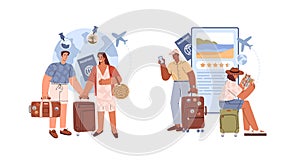 Set of vector illustration of traveling people arrived at the destination, studying map against of the path of airplane