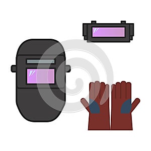 Set of vector illustration welding equipment helmet automatic dark glove