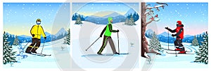 Set of vector illustration of a young man skiing