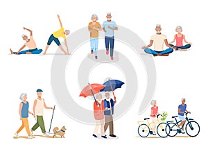 Set of vector illustrations of active elderly couple
