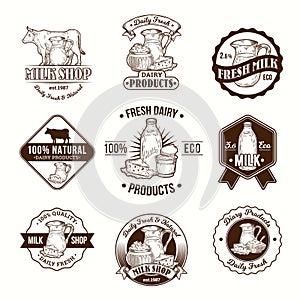 Set of vector illustrations, badges, stickers, labels, logo, stamps for milk and dairy products