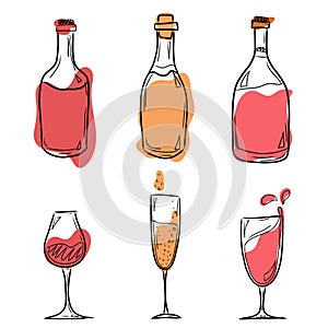 A set of vector illustrations with bottles and glasses of red and white wine, watercolor splashes of wine.