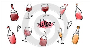 A set of vector illustrations with bottles and glasses of red and white wine, watercolor splashes of wine.