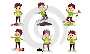 Set Of Vector Illustrations With Boys Of Destructive Behaviour Cartoon Characters