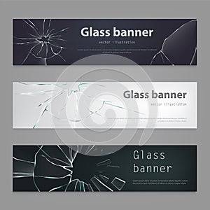 Set of vector illustrations of broken glass banners ,cracked glass.