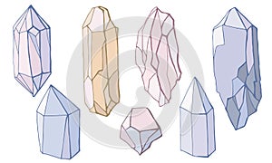 set of vector illustrations of colored stones minerals. hand drawn crystals