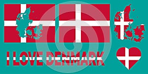 Set of vector illustrations with Denmark flag, country outline map and heart. Travel concept