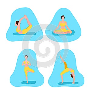 Set of vector illustrations depicting a sporty young woman doing yoga and fitness exercises. Healthy lifestyle concept. Design for