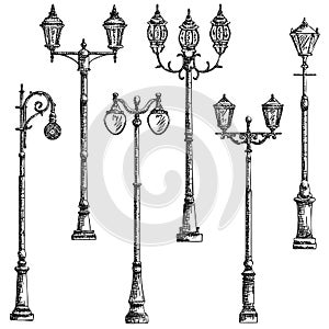 Set of vector illustrations drawing of lamppost.