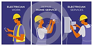 Set of vector illustrations electrical industry, electrician work, repair home service with working engineer